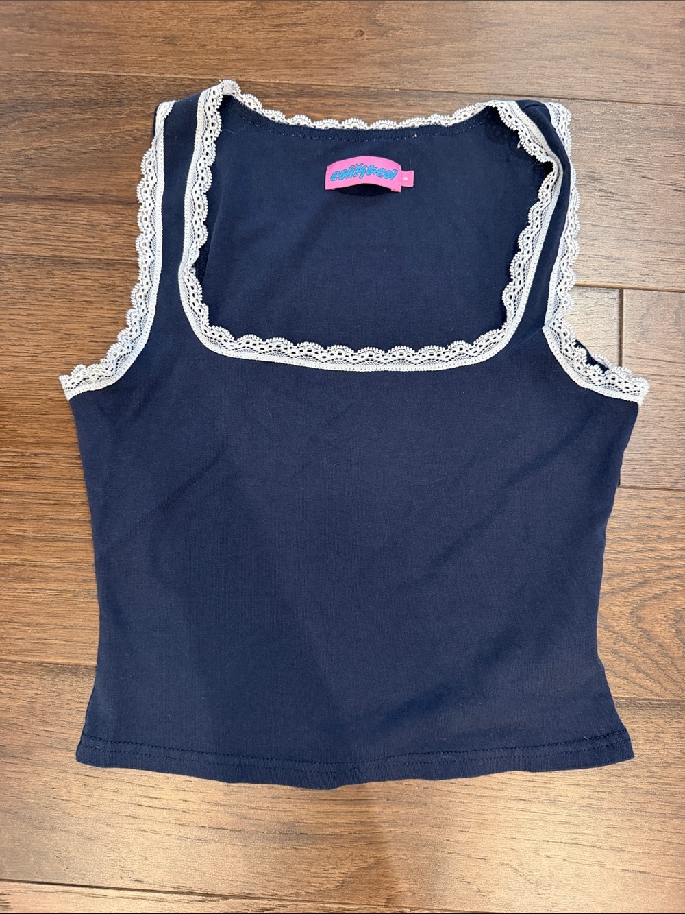 Edikted Navy Tank Top with White Lace Trim Size Small - C76-103